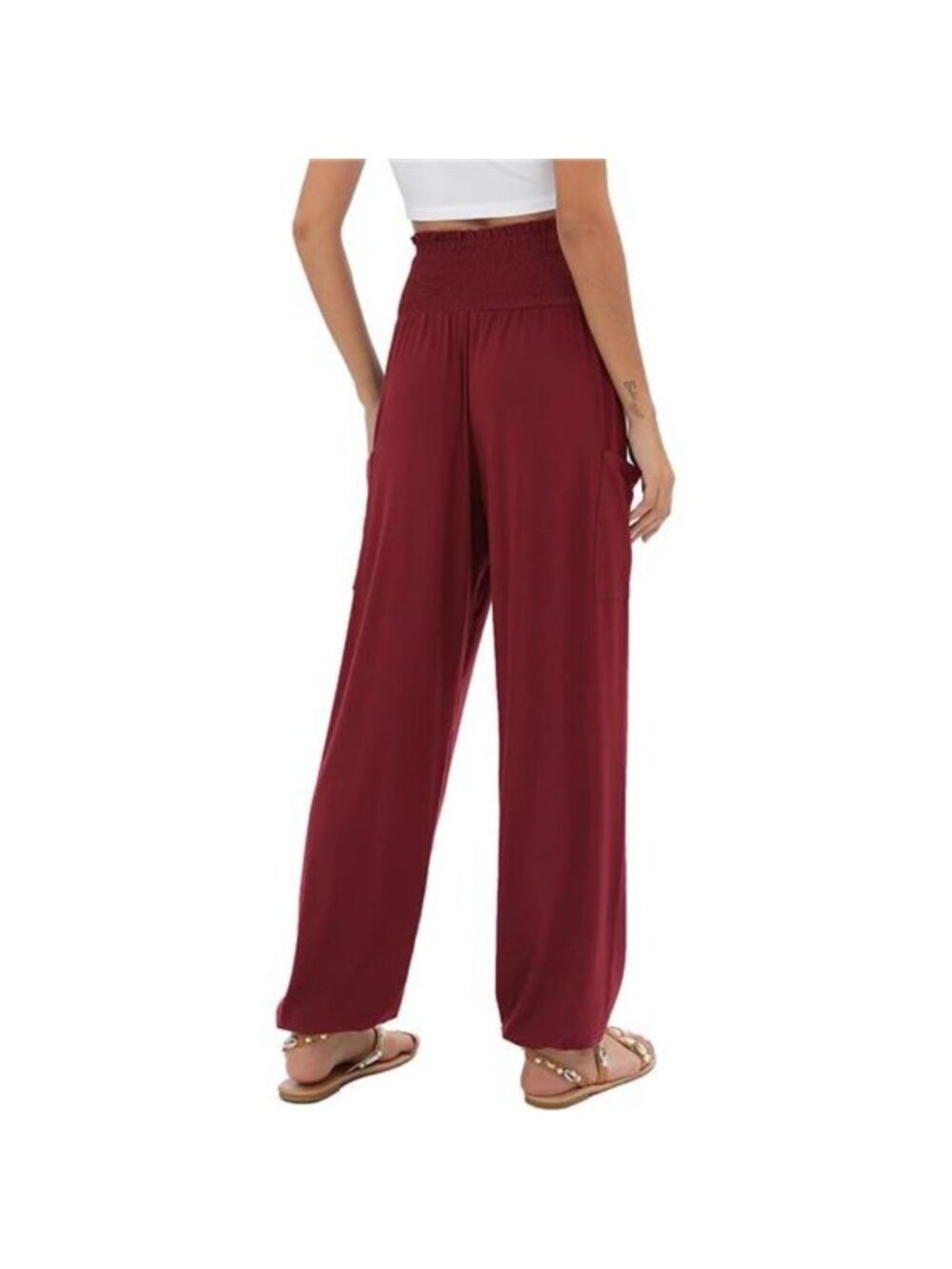 Women's Harem Pants, High Waist Yoga Boho Trousers with Pockets, Red Wine - Picture 2 of 5